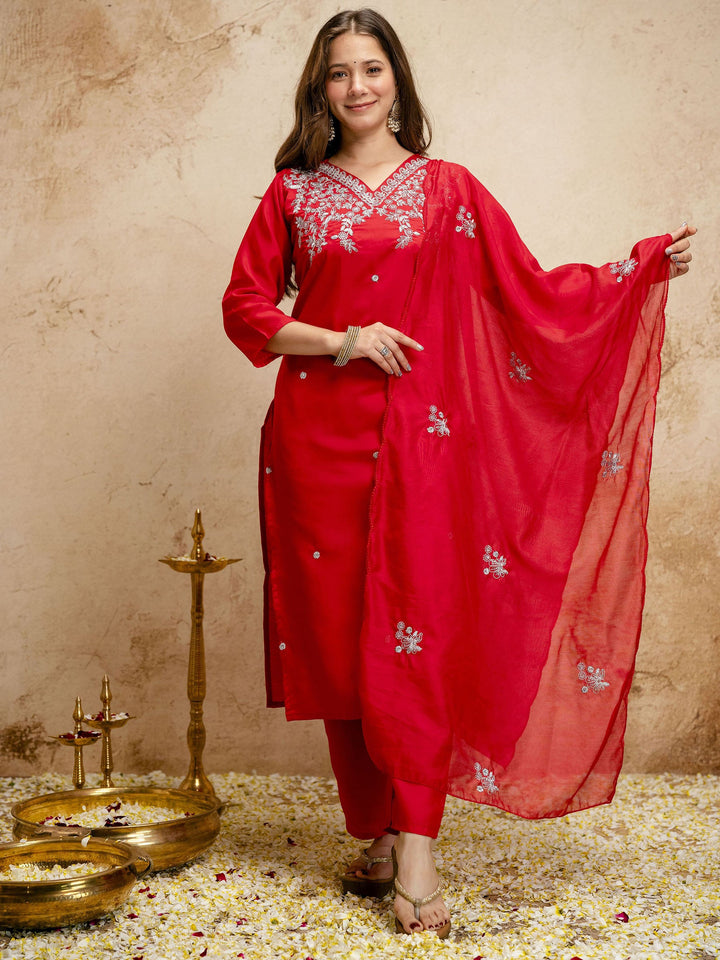 Red Embroidered Art Silk Kurta Pant with Dupatta