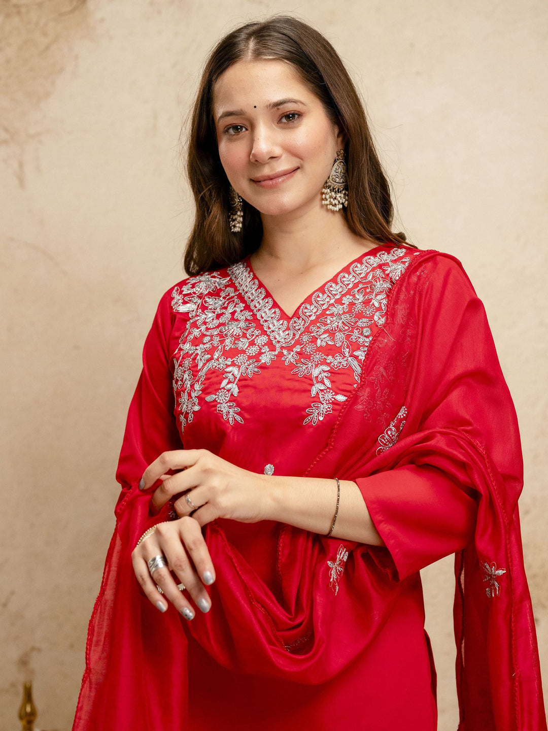 Red Embroidered Art Silk Kurta Pant with Dupatta