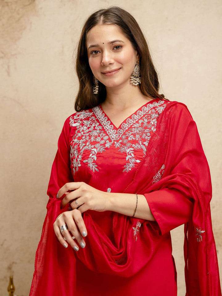 Red Embroidered Art Silk Kurta Pant with Dupatta