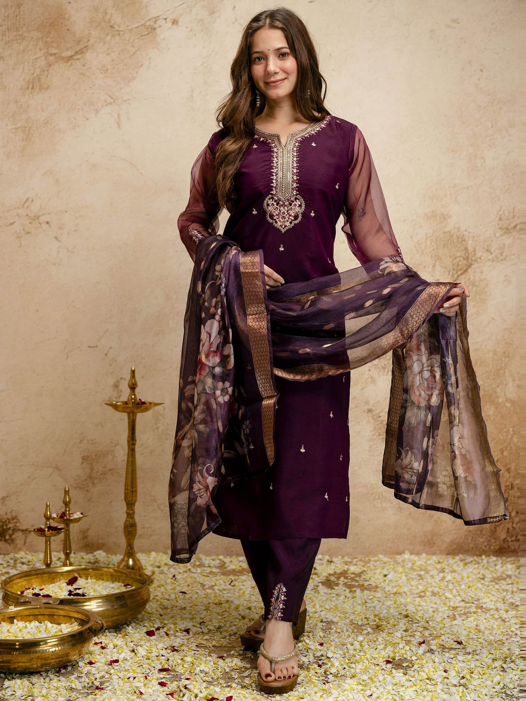 Purple Embroidered Art Silk Kurta Pant with Dupatta