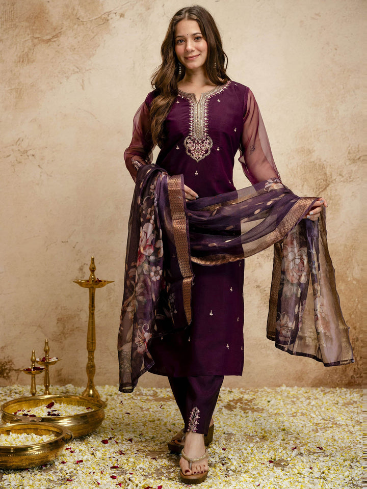Purple Embroidered Art Silk Kurta Pant with Dupatta