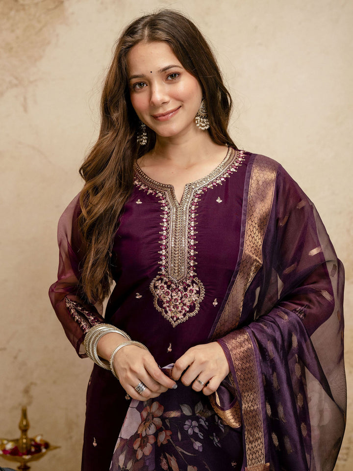 Purple Embroidered Art Silk Kurta Pant with Dupatta