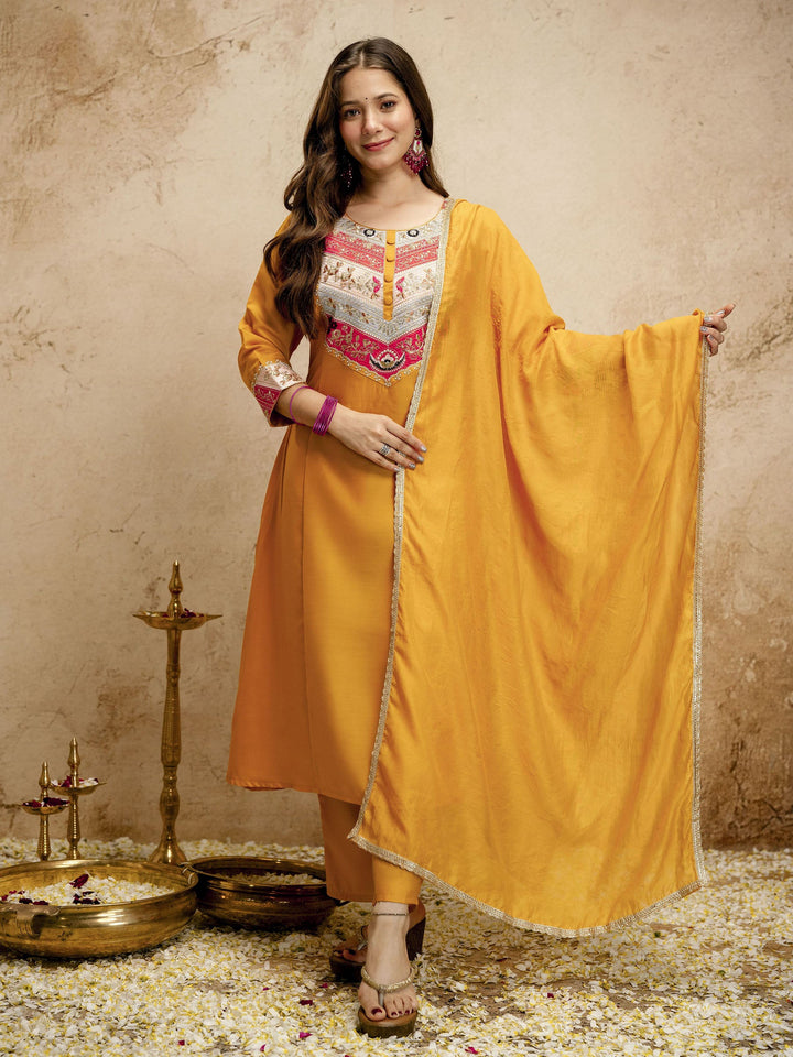 Mustard Embroidered Art Silk Kurta Pant with Dupatta