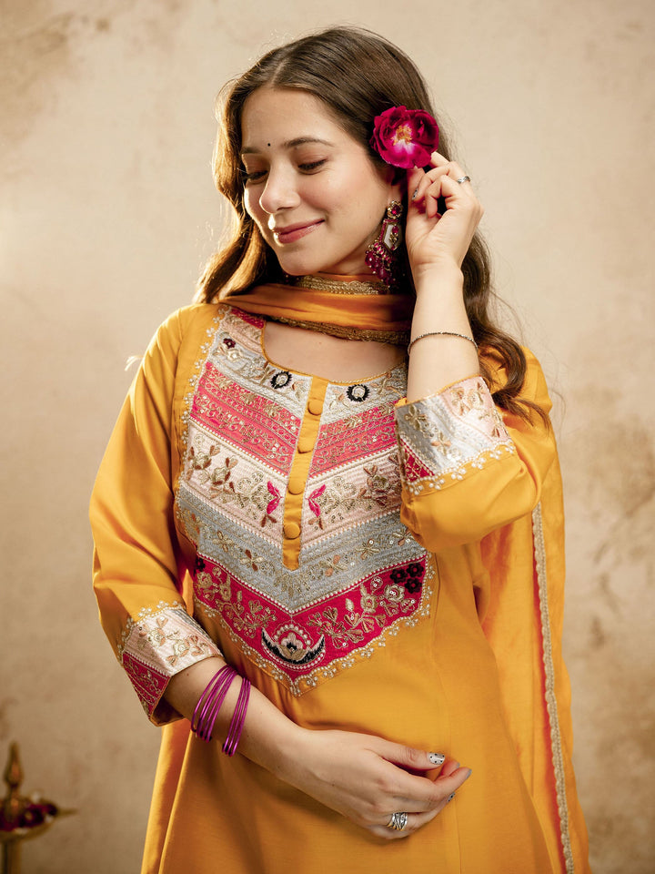 Mustard Embroidered Art Silk Kurta Pant with Dupatta