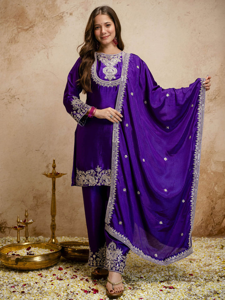 Purple Embroidered Art Silk Kurta Pant with Dupatta