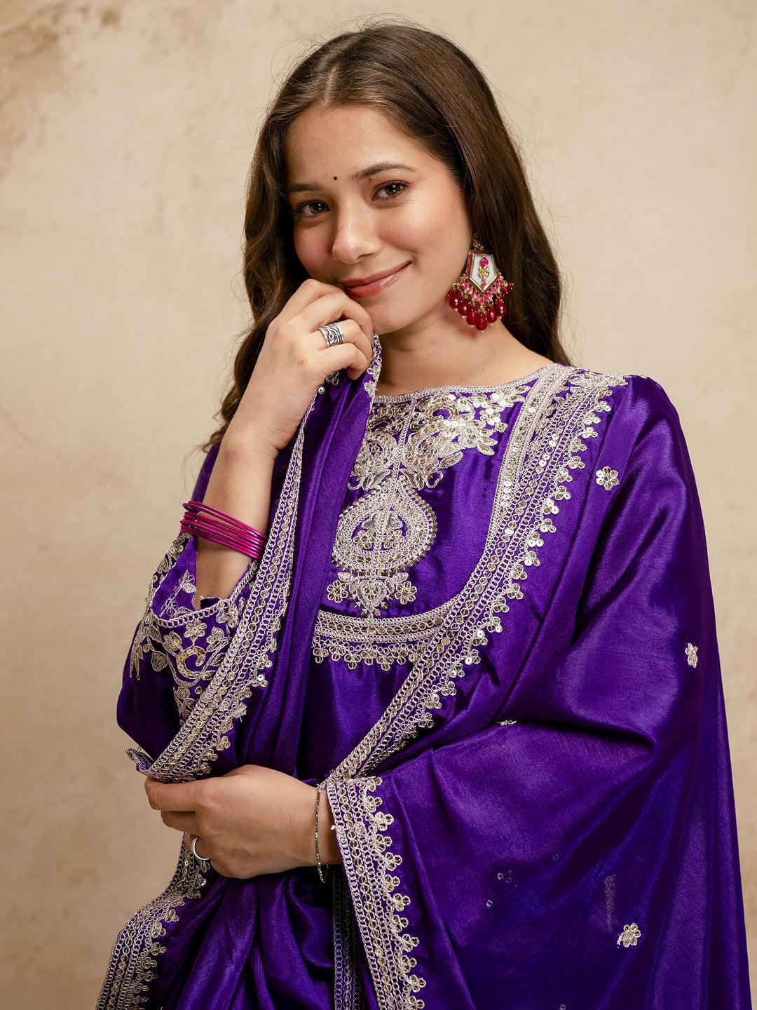 Purple Embroidered Art Silk Kurta Pant with Dupatta