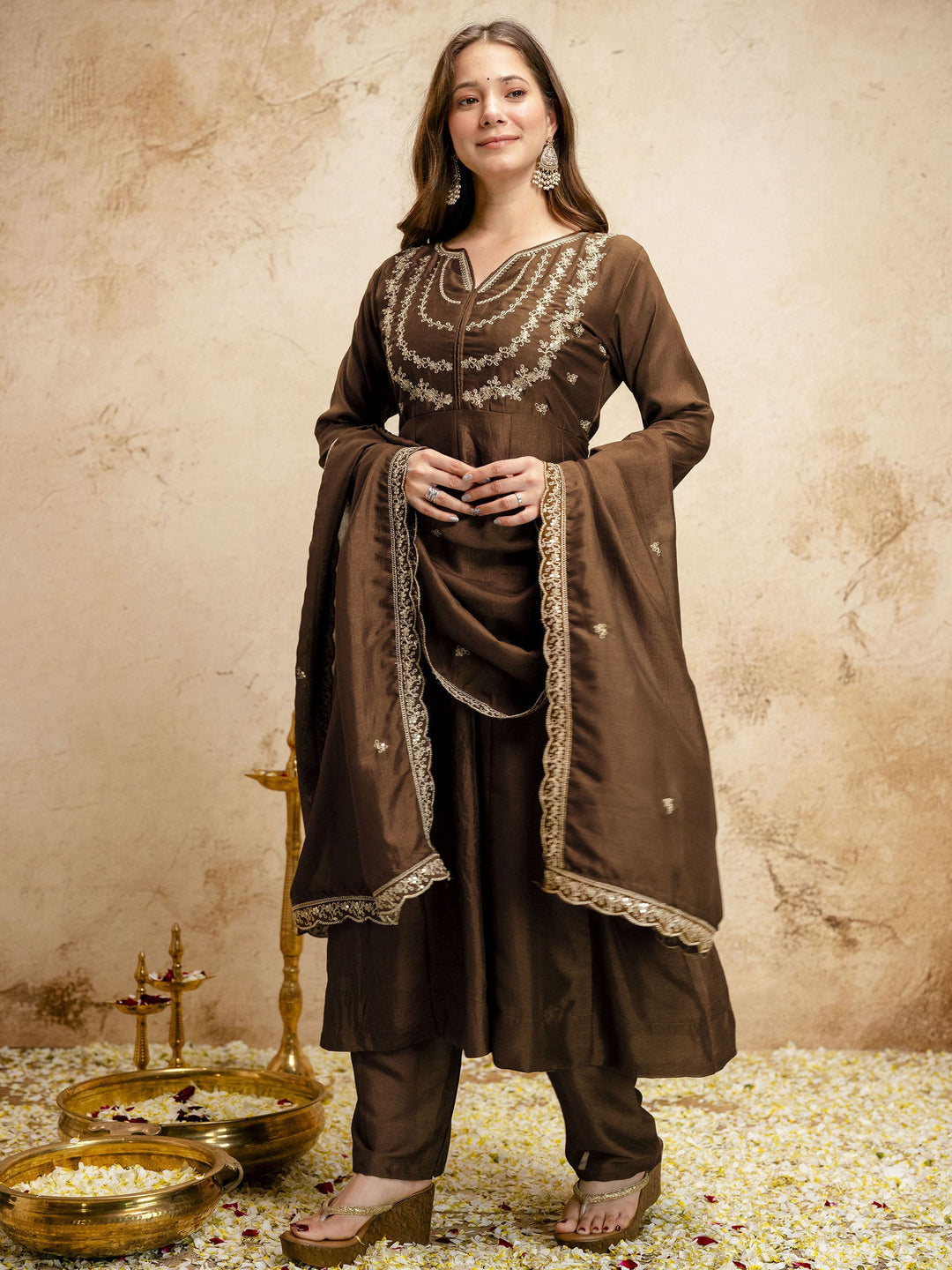 Brown Embroidered Art Silk Kurta Pant with Dupatta