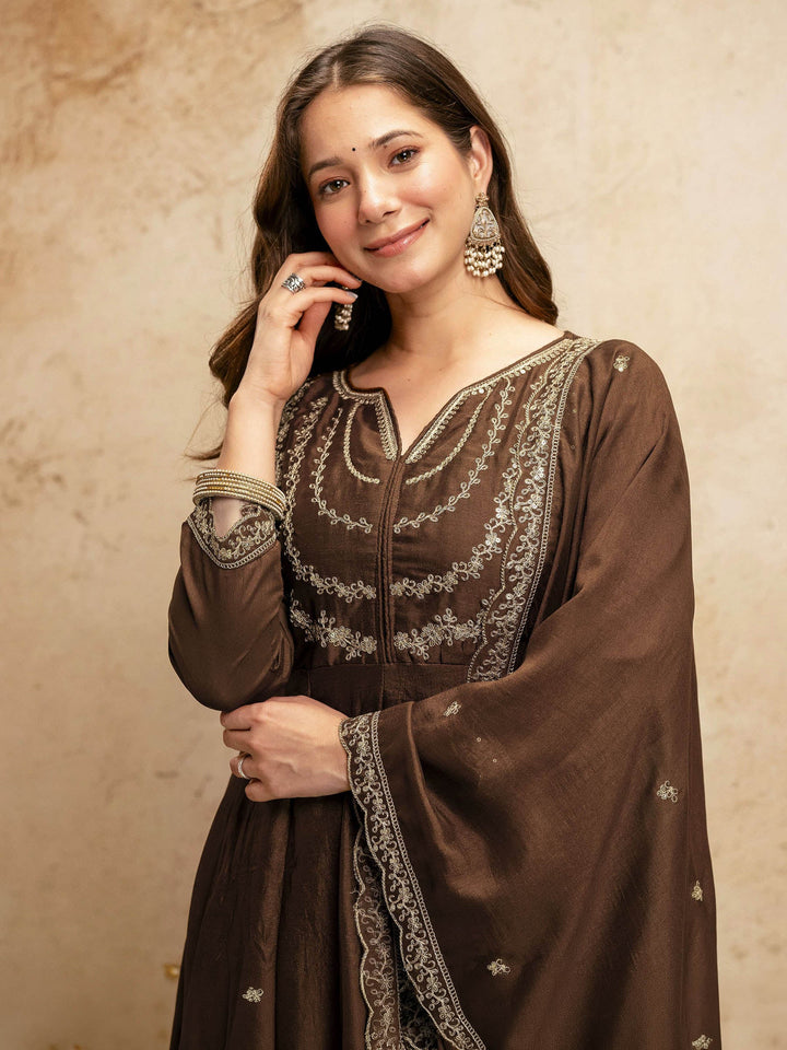 Brown Embroidered Art Silk Kurta Pant with Dupatta
