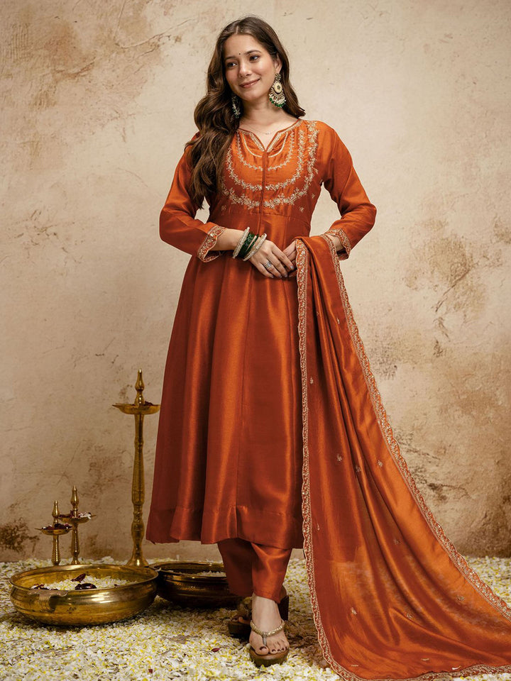 Orange Embroidered Art Silk Kurta Pant with Dupatta