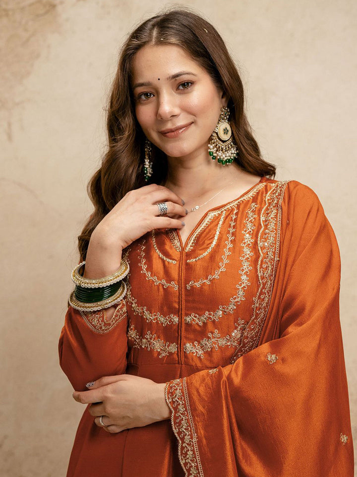Orange Embroidered Art Silk Kurta Pant with Dupatta