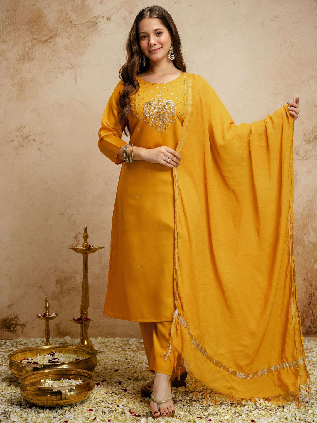 Mustard Embroidered Art Silk Kurta Pant with Dupatta
