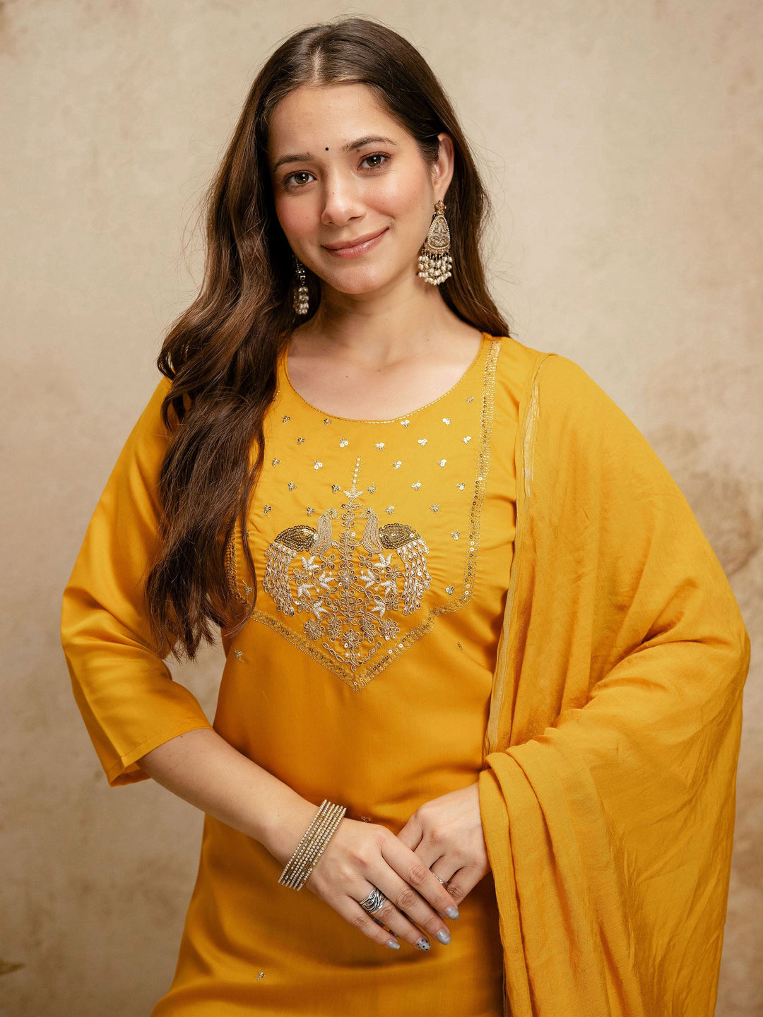 Mustard Embroidered Art Silk Kurta Pant with Dupatta