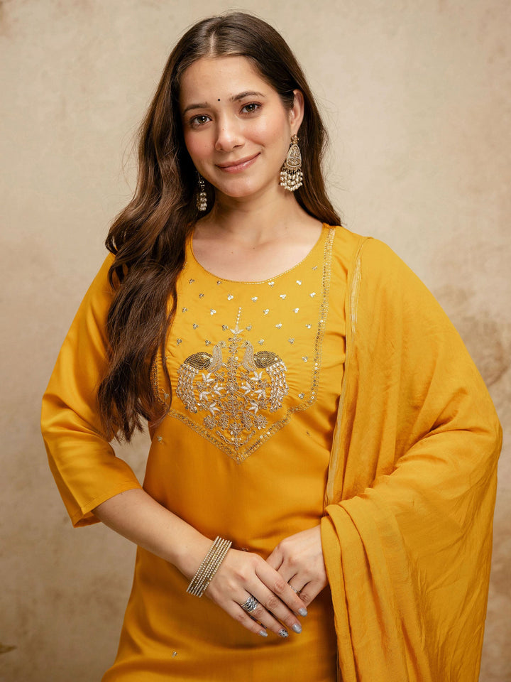 Mustard Embroidered Art Silk Kurta Pant with Dupatta