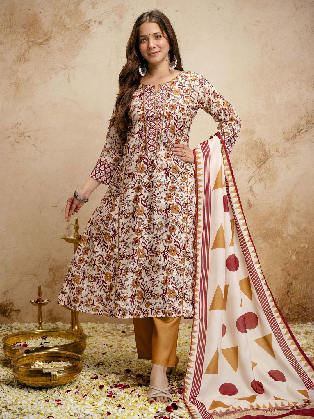 Off White Embroidered Art Silk Kurta Pant with Dupatta