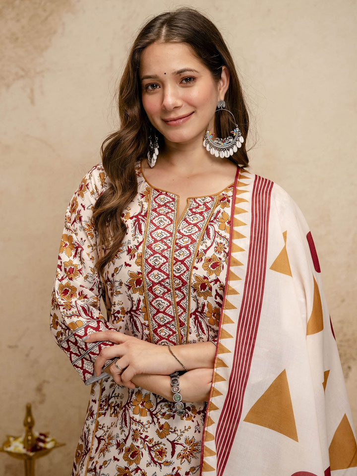 Off White Embroidered Art Silk Kurta Pant with Dupatta