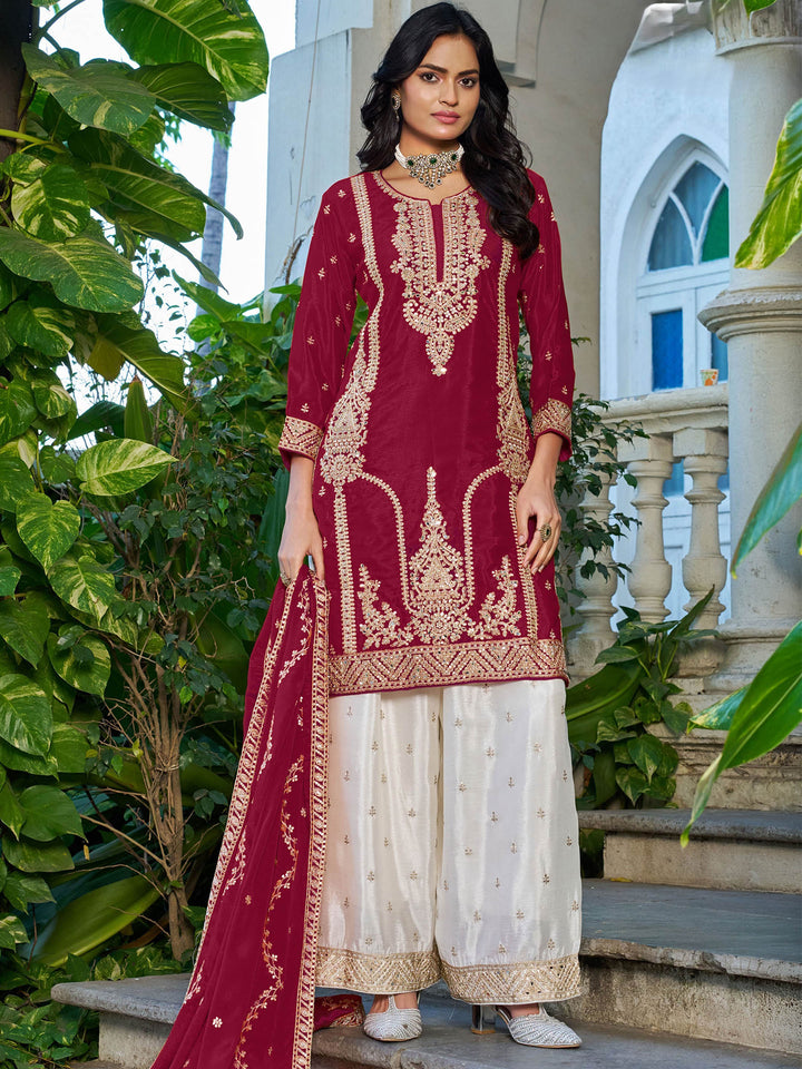 Red Embroidered Chinon Kurta Palazzo with Dupatta