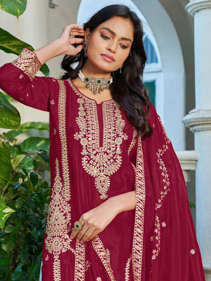 Red Embroidered Chinon Kurta Palazzo with Dupatta