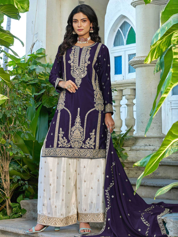 Purple Embroidered Chinon Kurta Palazzo with Dupatta