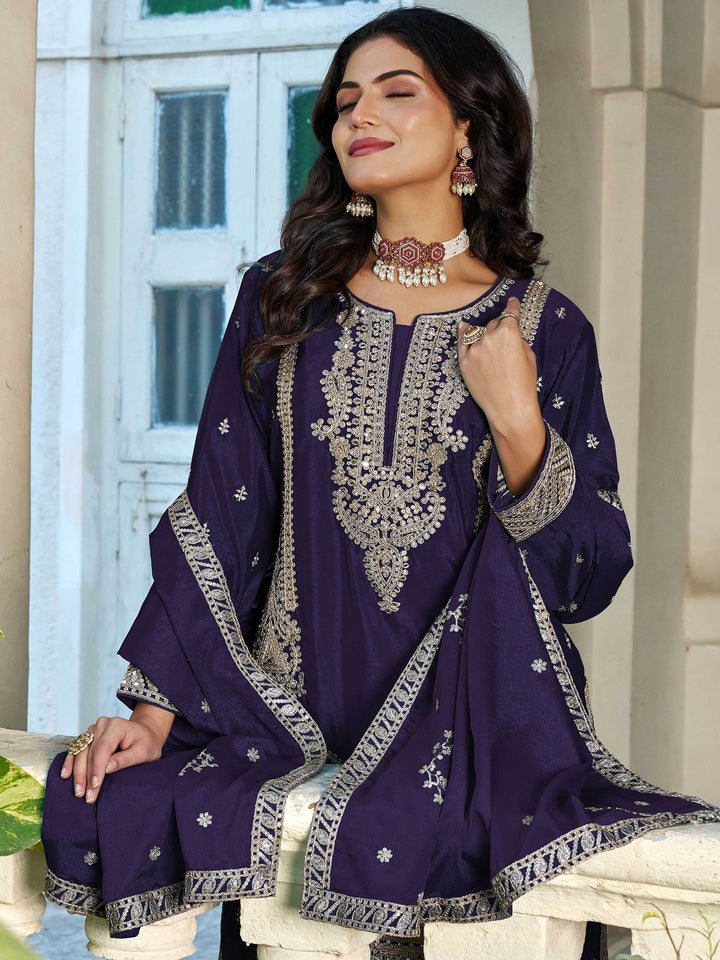 Purple Embroidered Chinon Kurta Palazzo with Dupatta