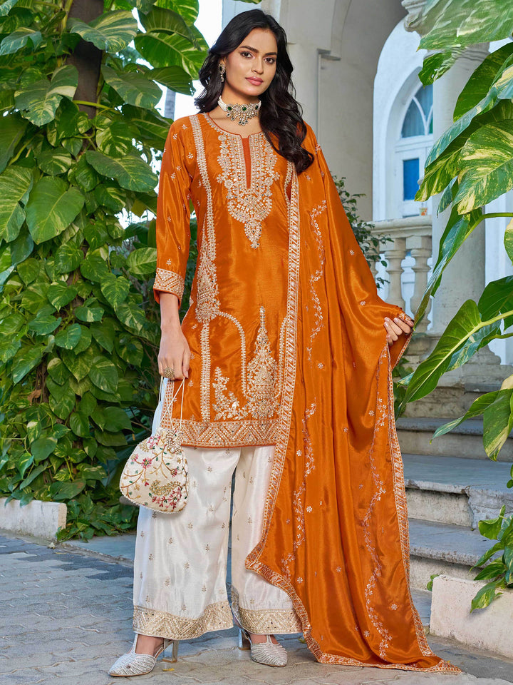 Orange Embroidered Chinon Kurta Palazzo with Dupatta