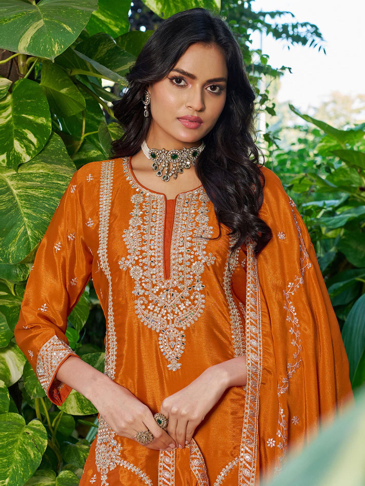 Orange Embroidered Chinon Kurta Palazzo with Dupatta