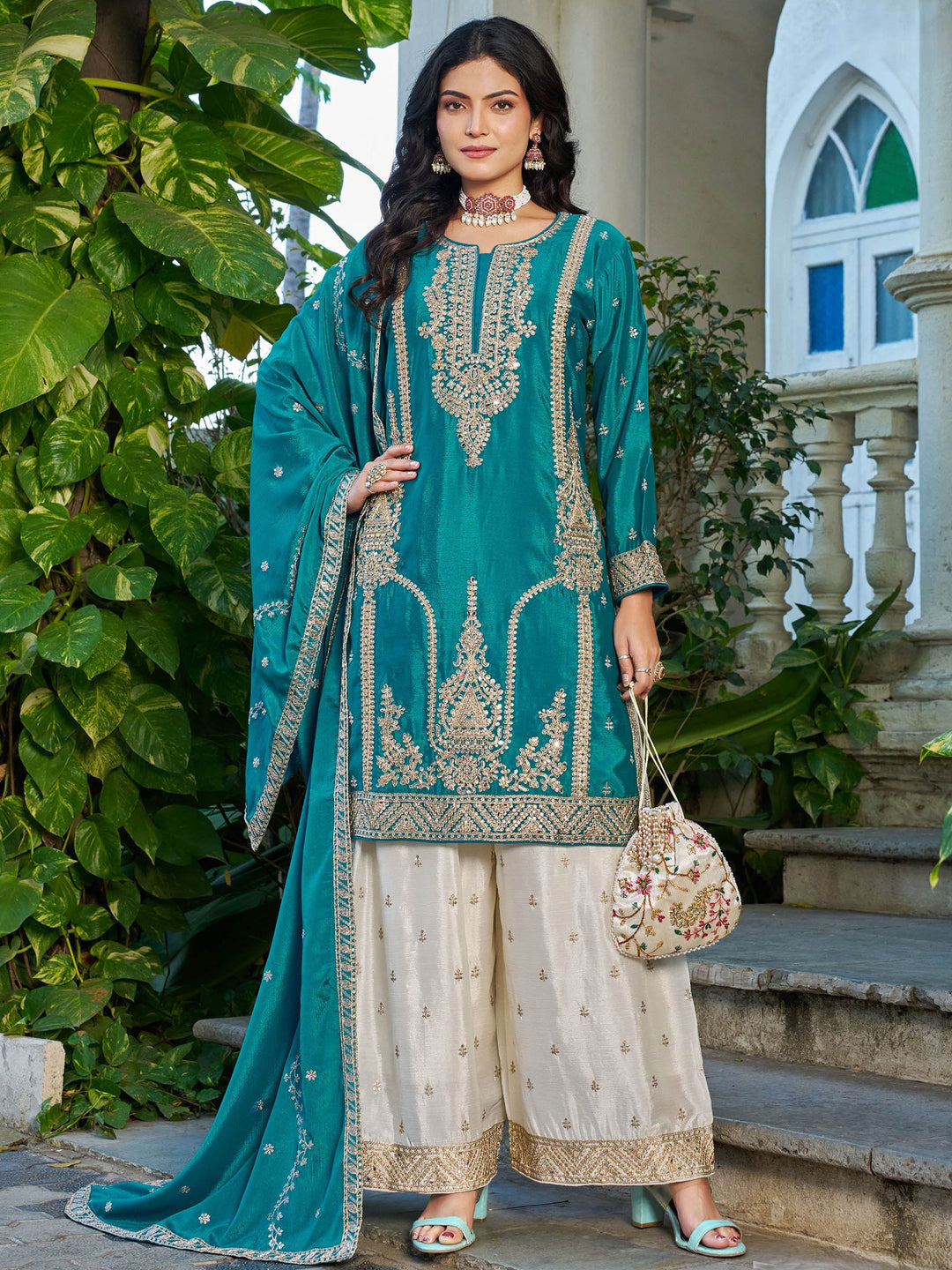 Blue Embroidered Chinon Kurta Palazzo with Dupatta