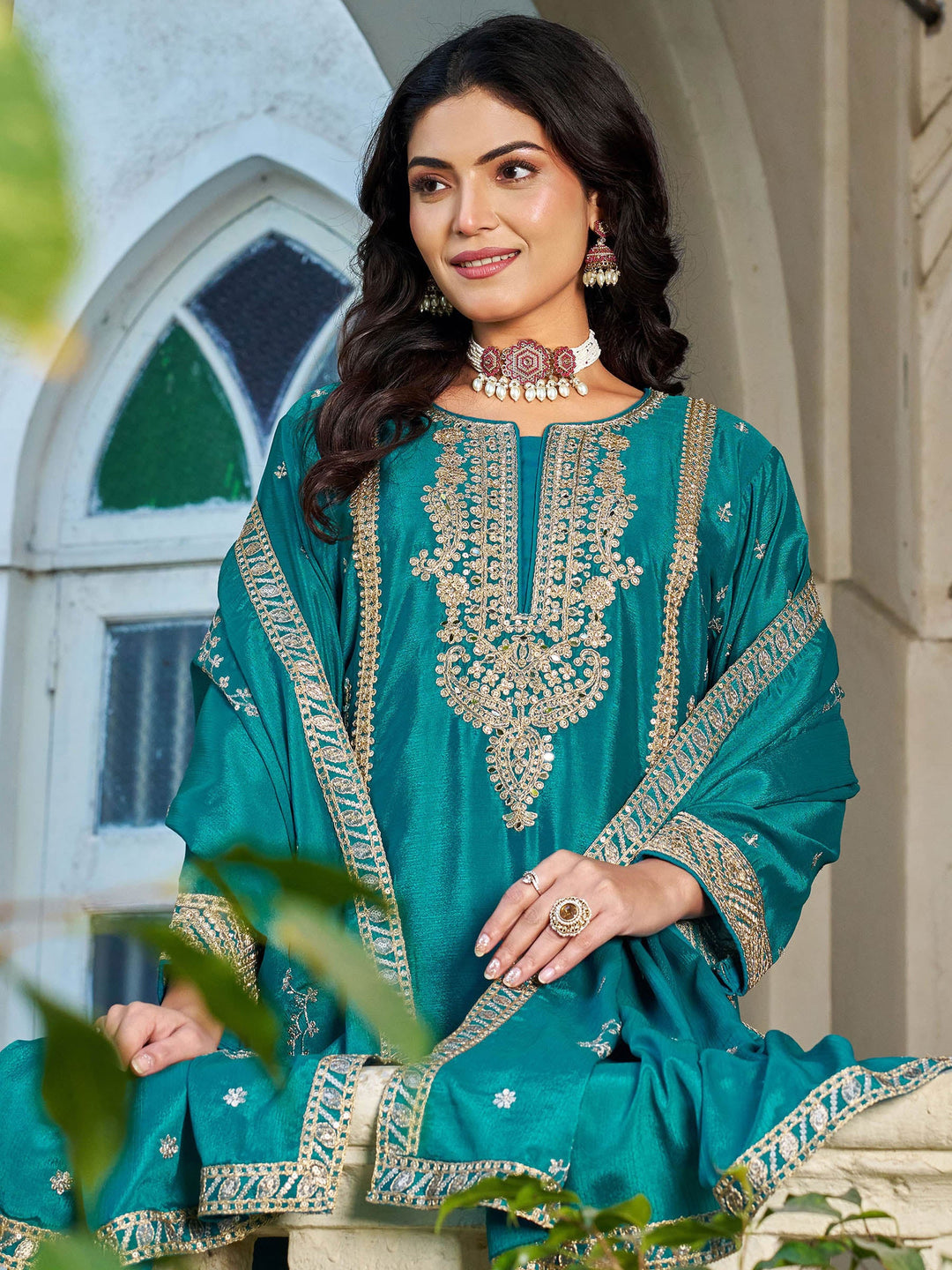 Blue Embroidered Chinon Kurta Palazzo with Dupatta
