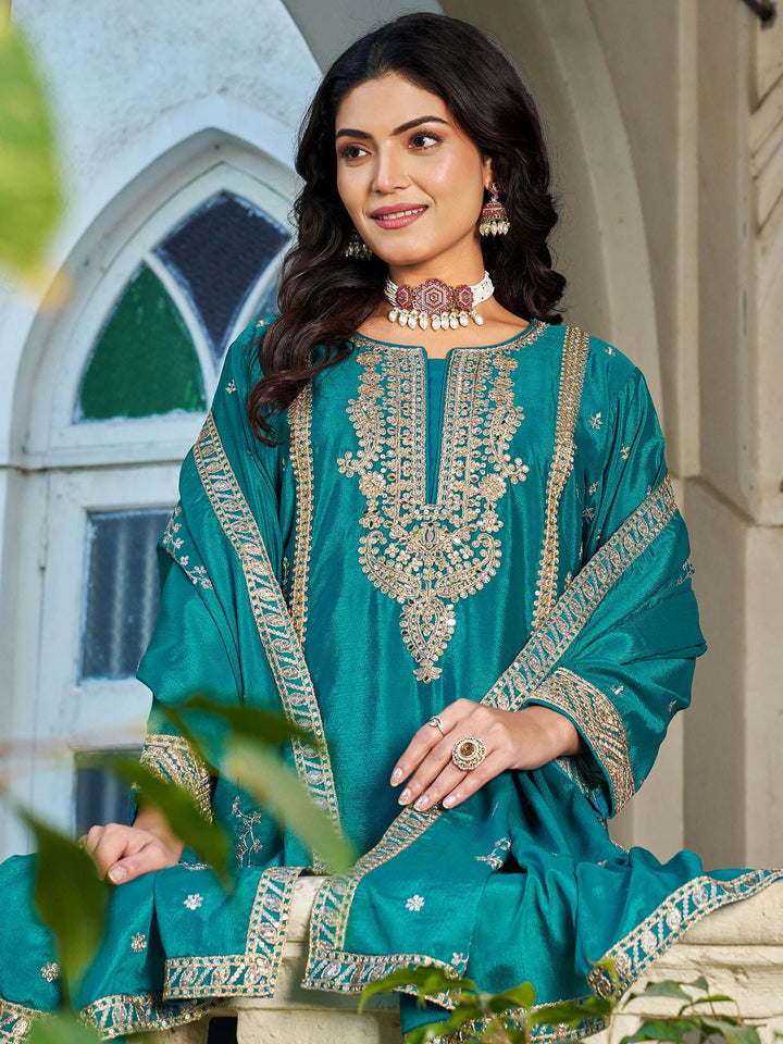 Blue Embroidered Chinon Kurta Palazzo with Dupatta