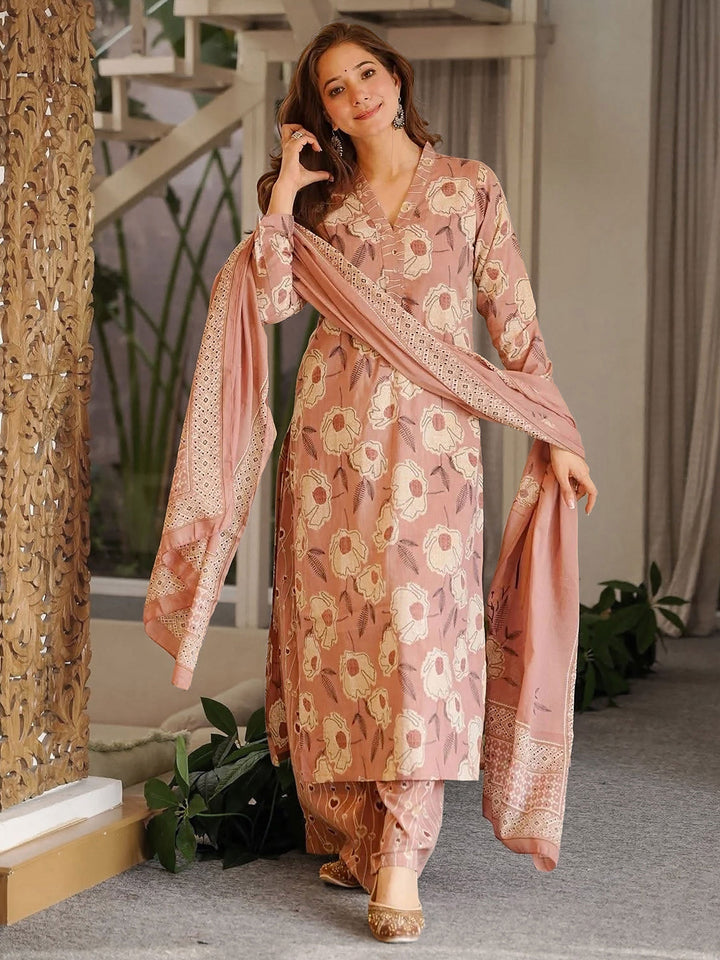 Pink Embroidered Cotton Blend Kurta Palazzo with Dupatta