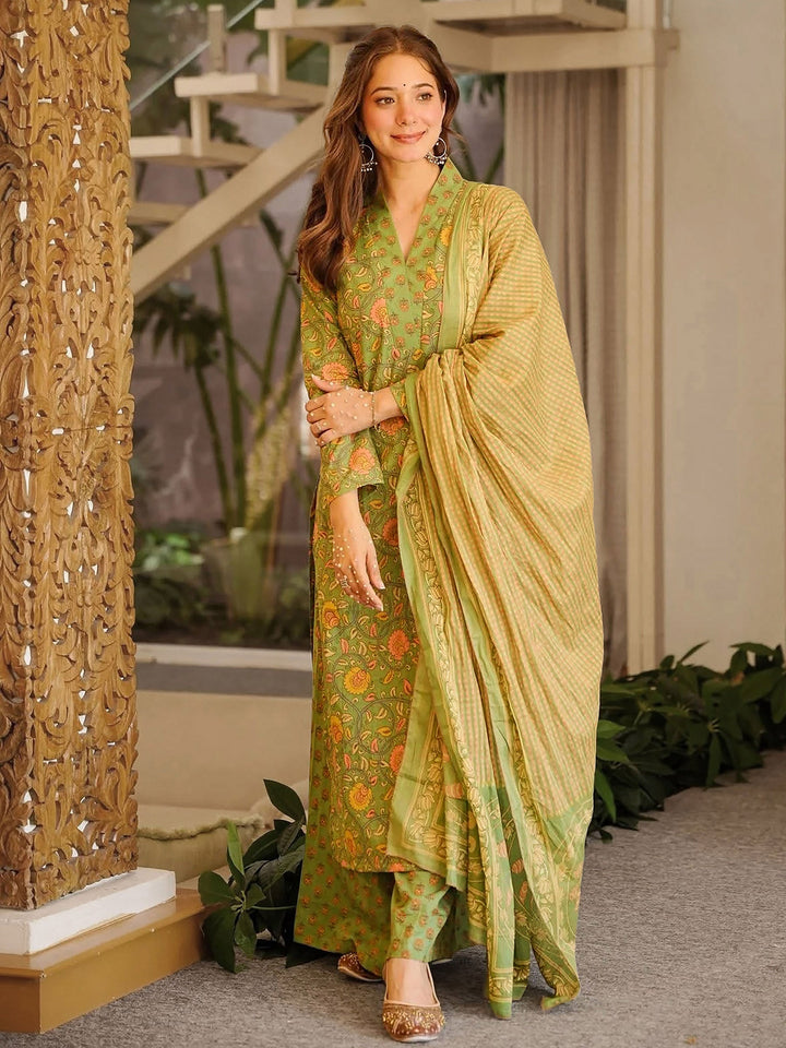 Green Embroidered Cotton Blend Kurta Palazzo with Dupatta