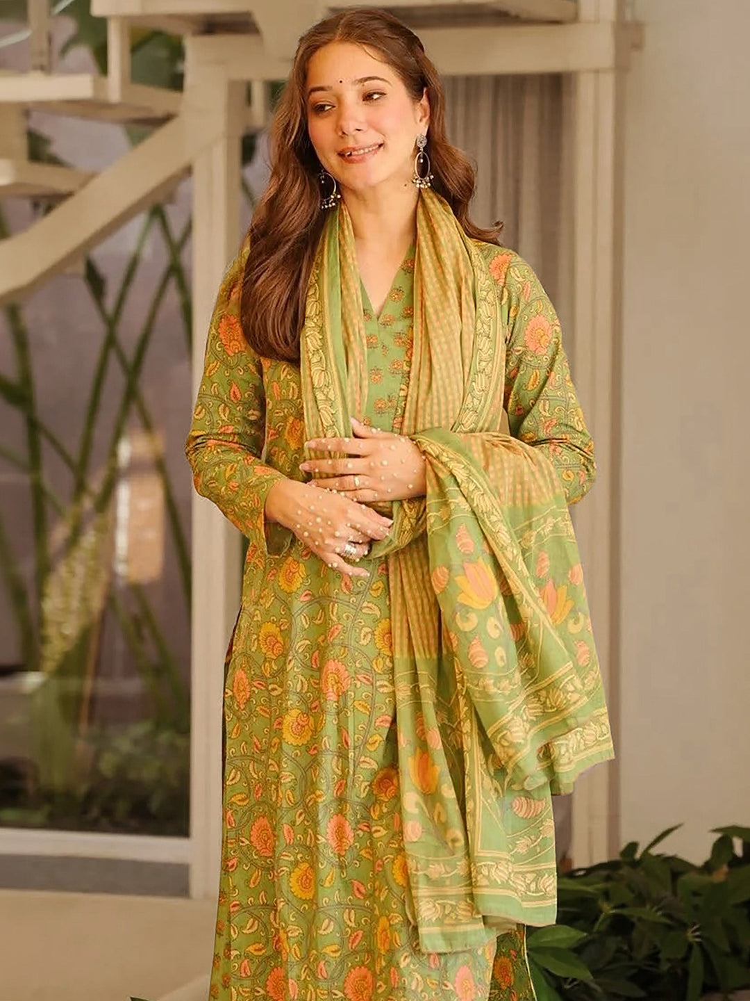 Green Embroidered Cotton Blend Kurta Palazzo with Dupatta
