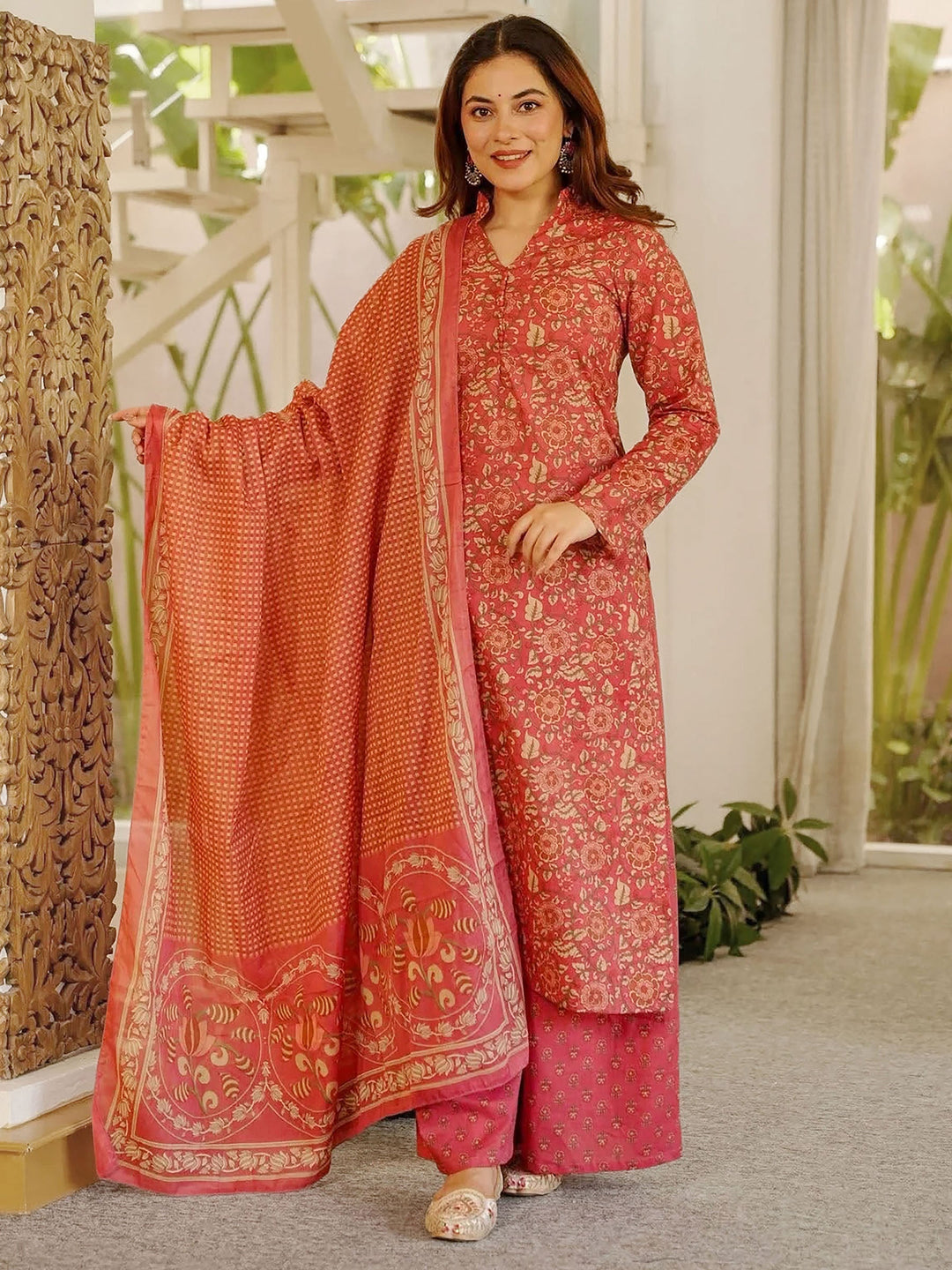 Peach Embroidered Cotton Blend Kurta Palazzo with Dupatta