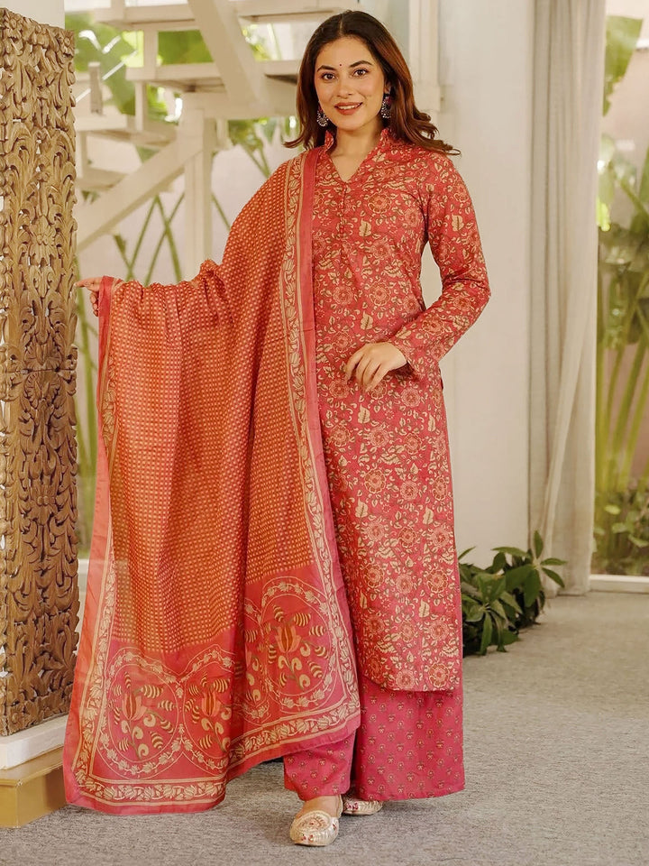 Peach Embroidered Cotton Blend Kurta Palazzo with Dupatta