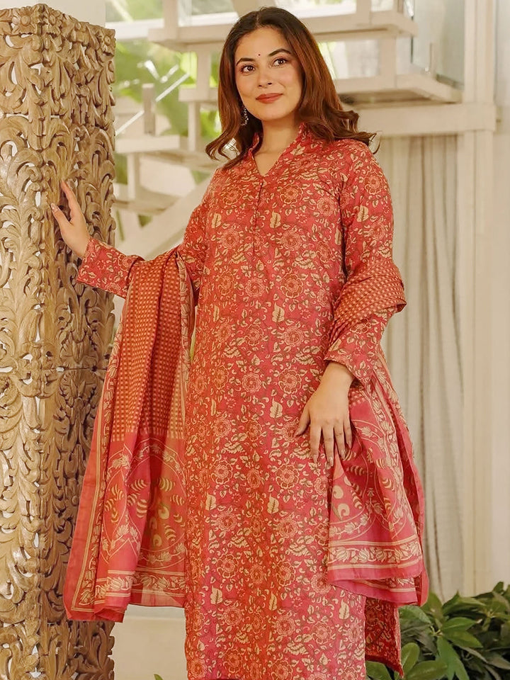 Peach Embroidered Cotton Blend Kurta Palazzo with Dupatta