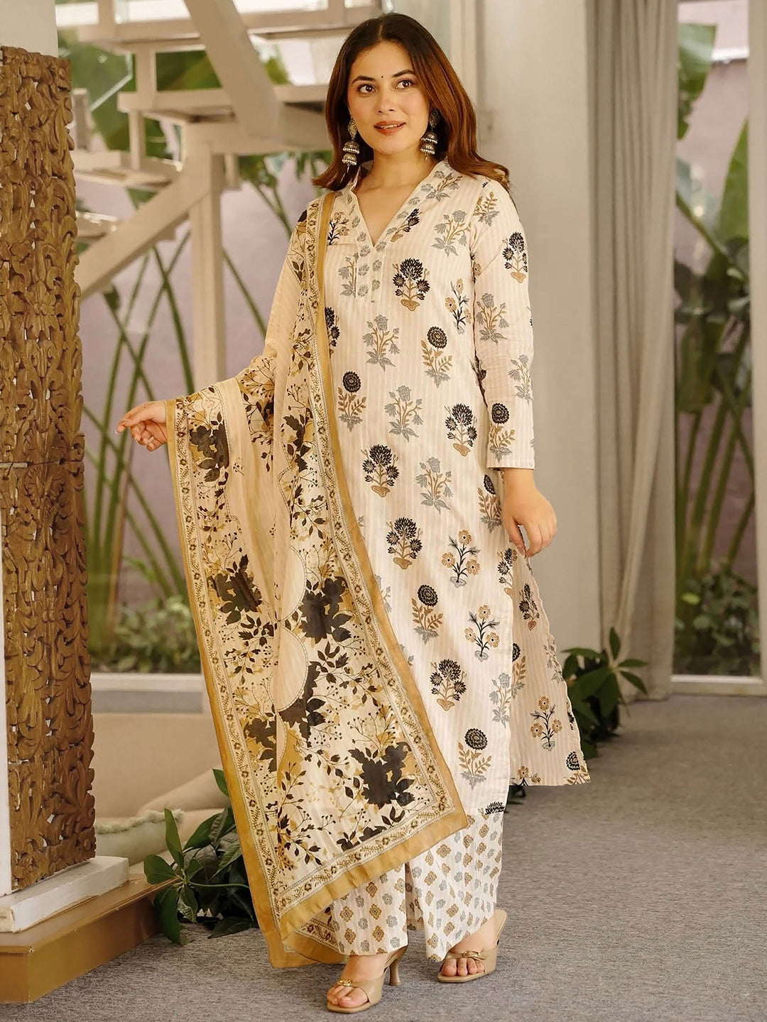 Off White Embroidered Cotton Blend Kurta Palazzo with Dupatta