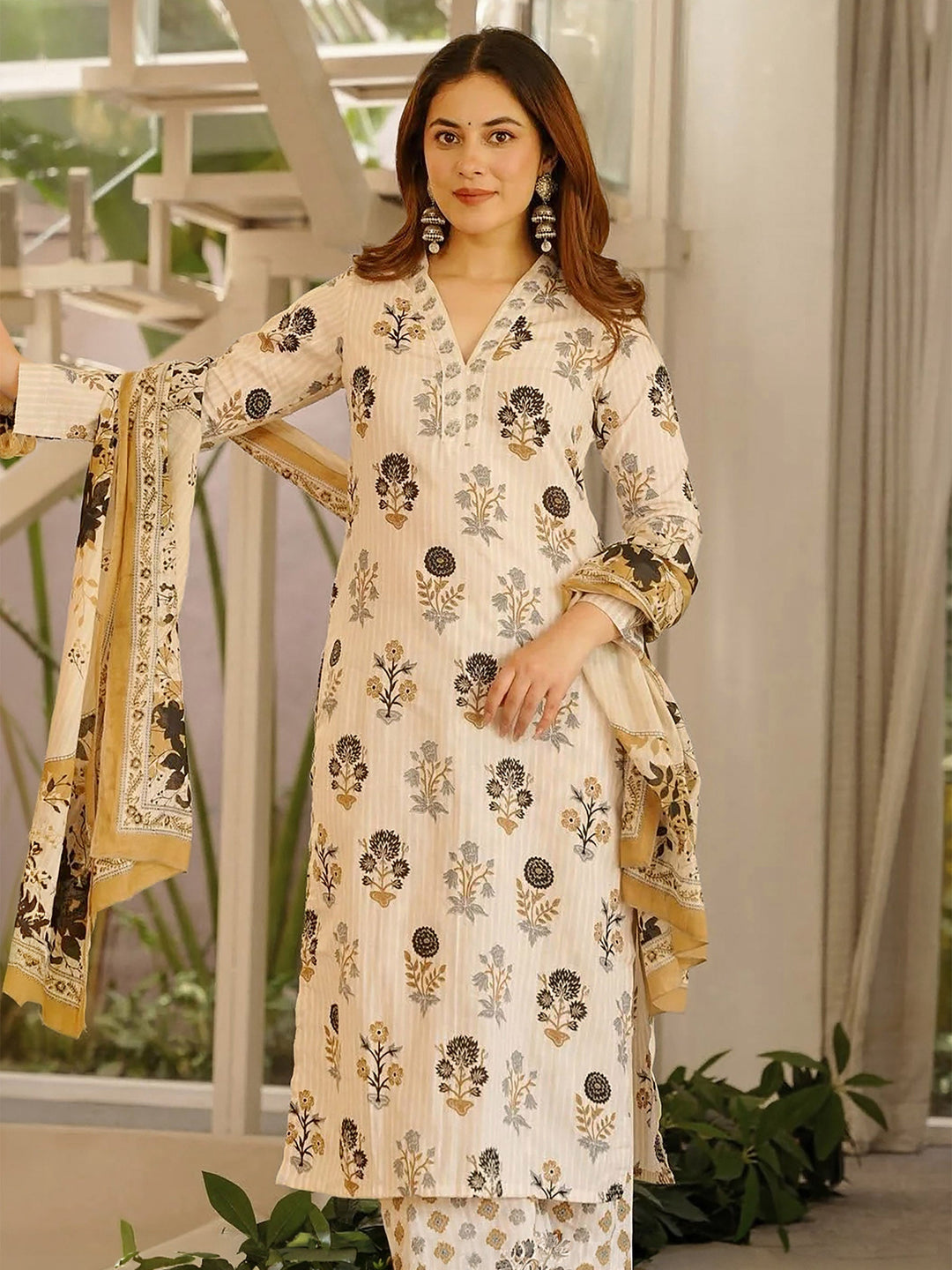 Off White Embroidered Cotton Blend Kurta Palazzo with Dupatta