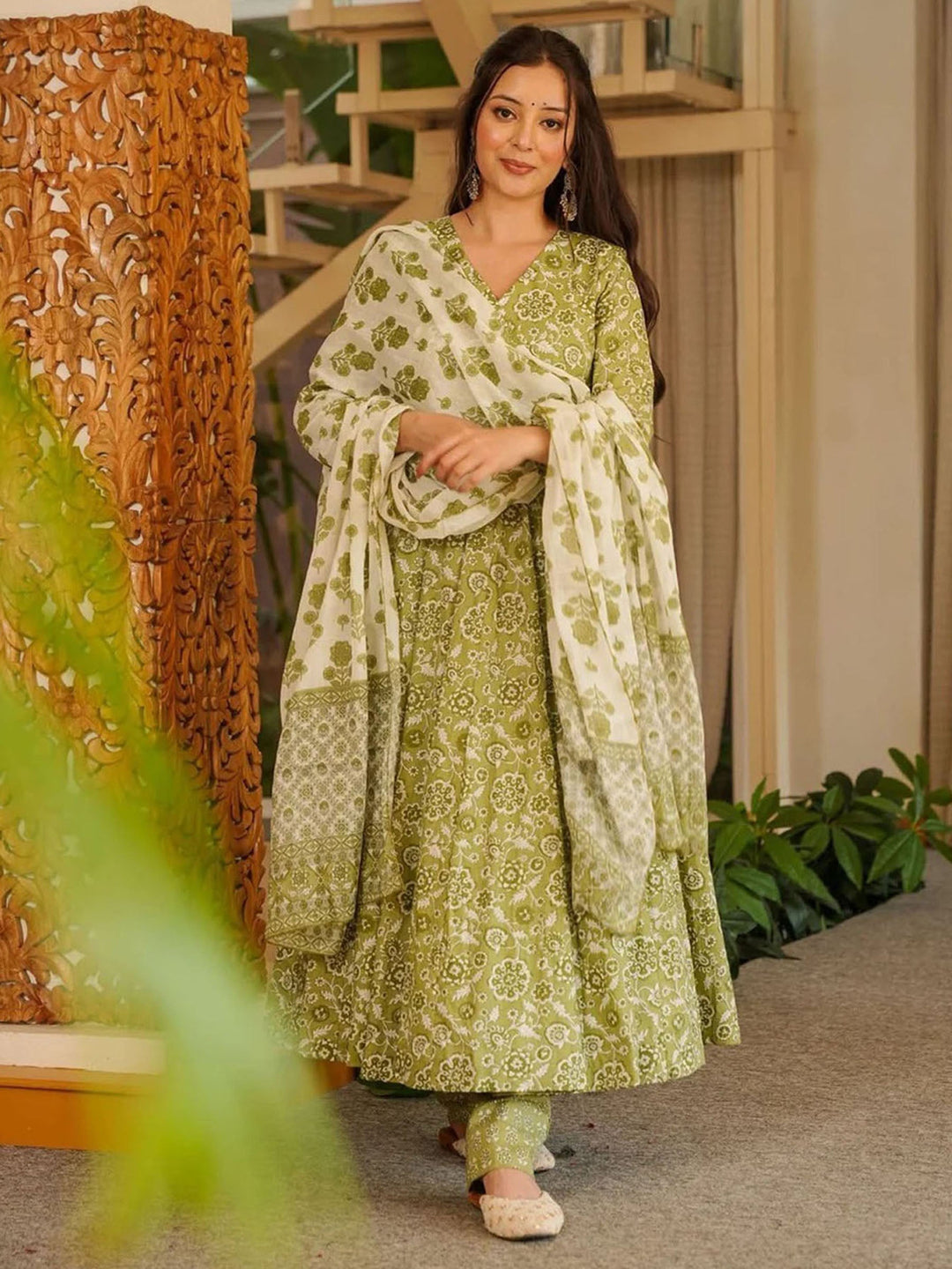 Olive Green Embroidered Cotton Blend Kurta Pant with Dupatta