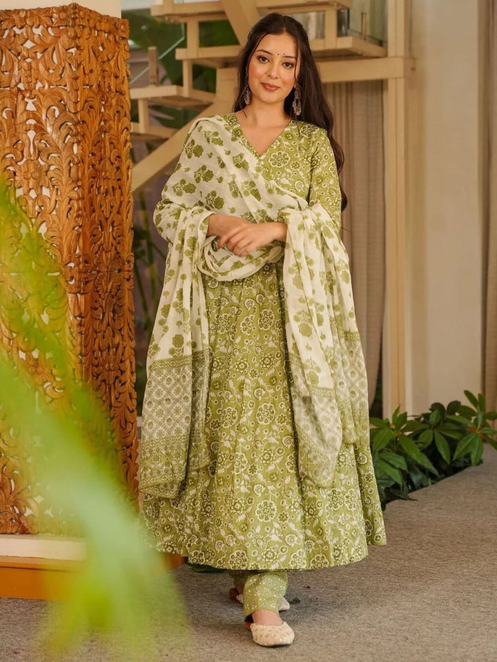 Olive Green Embroidered Cotton Blend Kurta Pant with Dupatta
