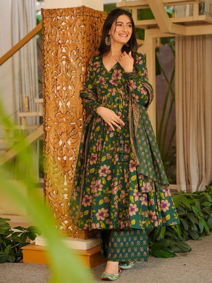 Bottle Green Embroidered Cotton Blend Kurta Palazzo with Dupatta