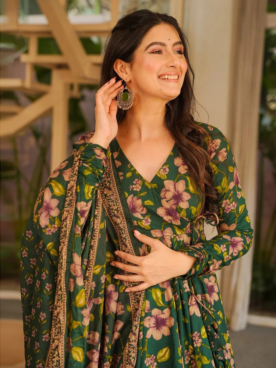 Bottle Green Embroidered Cotton Blend Kurta Palazzo with Dupatta