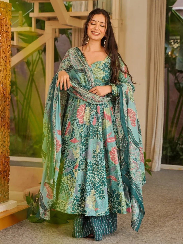 Blue Embroidered Cotton Blend Kurta Palazzo with Dupatta