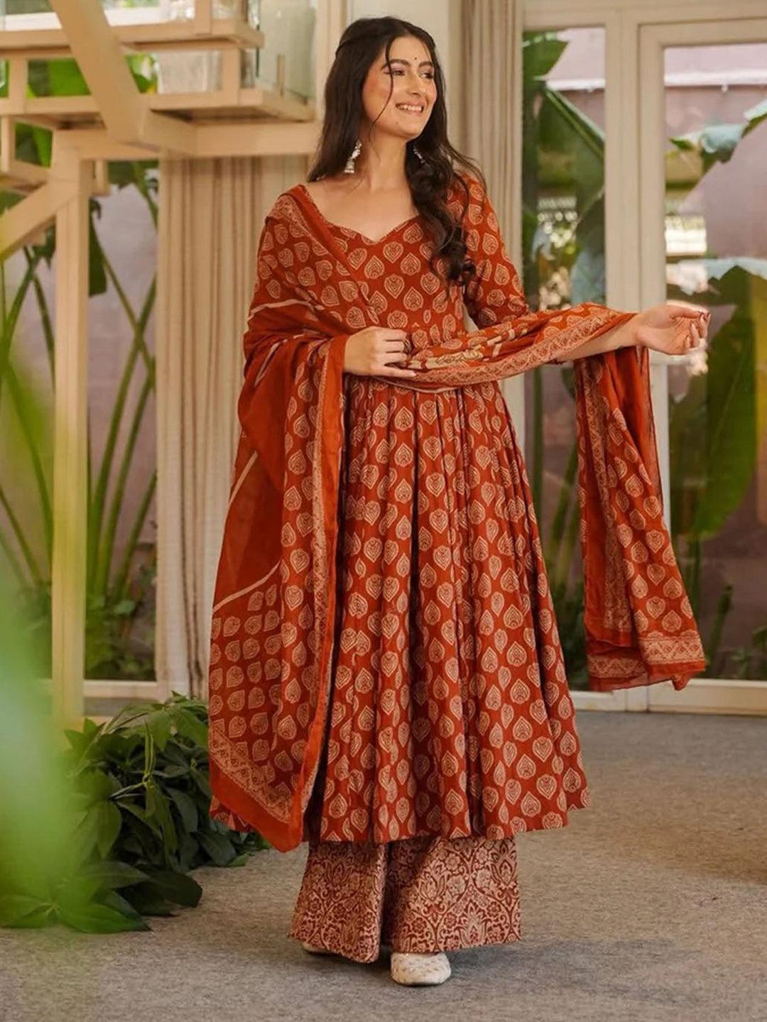 Rust Embroidered Cotton Blend Kurta Pant with Dupatta
