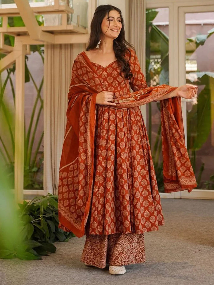 Rust Embroidered Cotton Blend Kurta Pant with Dupatta