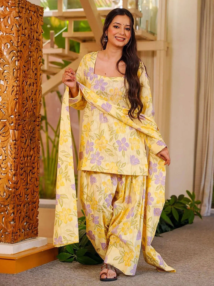 Yellow Embroidered Cotton Blend Kurta Farsi Salwar with Dupatta