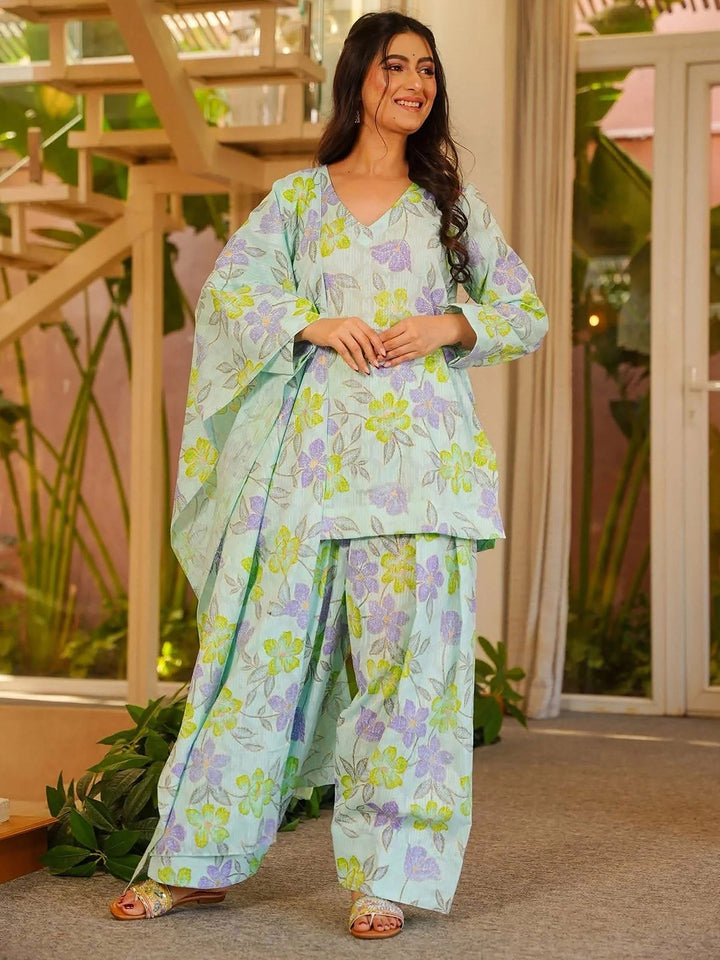 Blue Embroidered Cotton Blend Kurta Farsi Salwar with Dupatta
