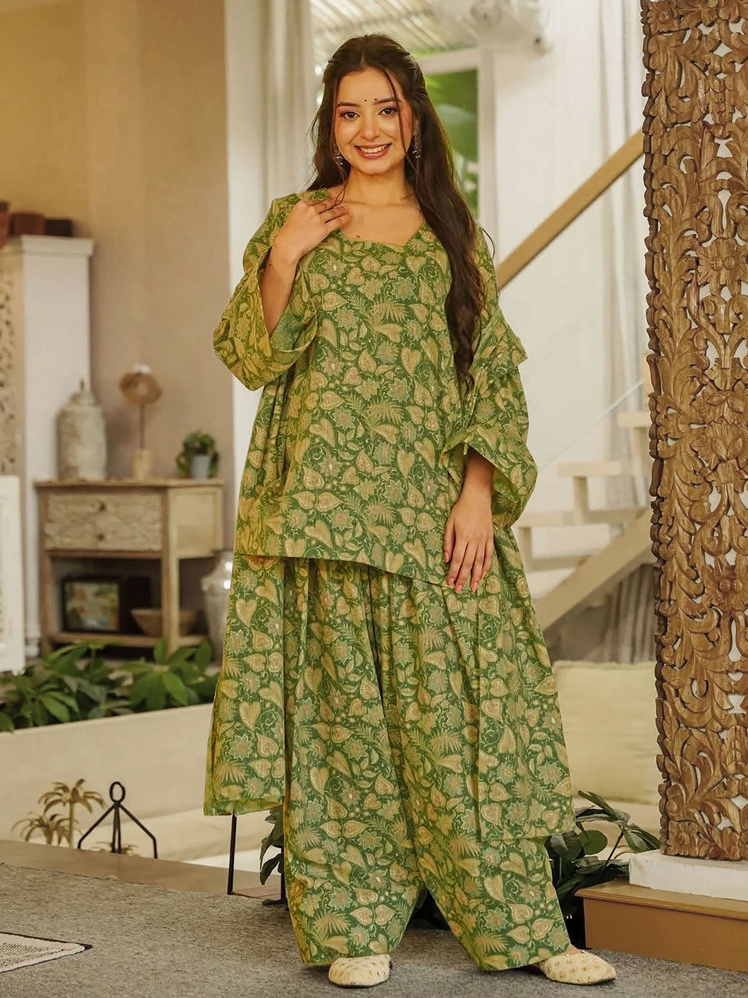 Brown Embroidered Cotton Blend Kurta Farsi Salwar with Dupatta
