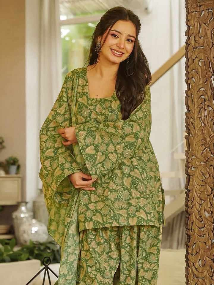 Brown Embroidered Cotton Blend Kurta Farsi Salwar with Dupatta
