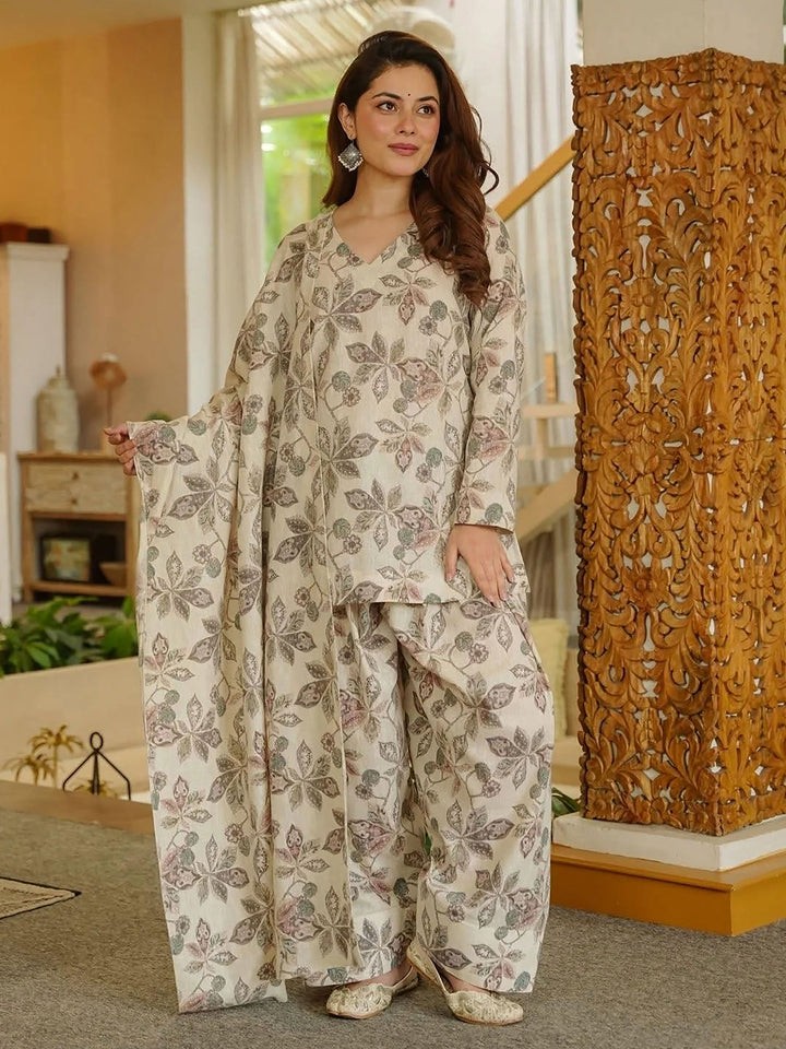 Grey Embroidered Cotton Blend Kurta Farsi Salwar with Dupatta