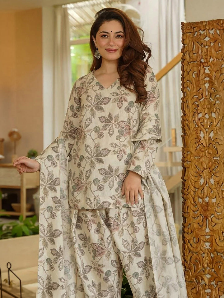Grey Embroidered Cotton Blend Kurta Farsi Salwar with Dupatta