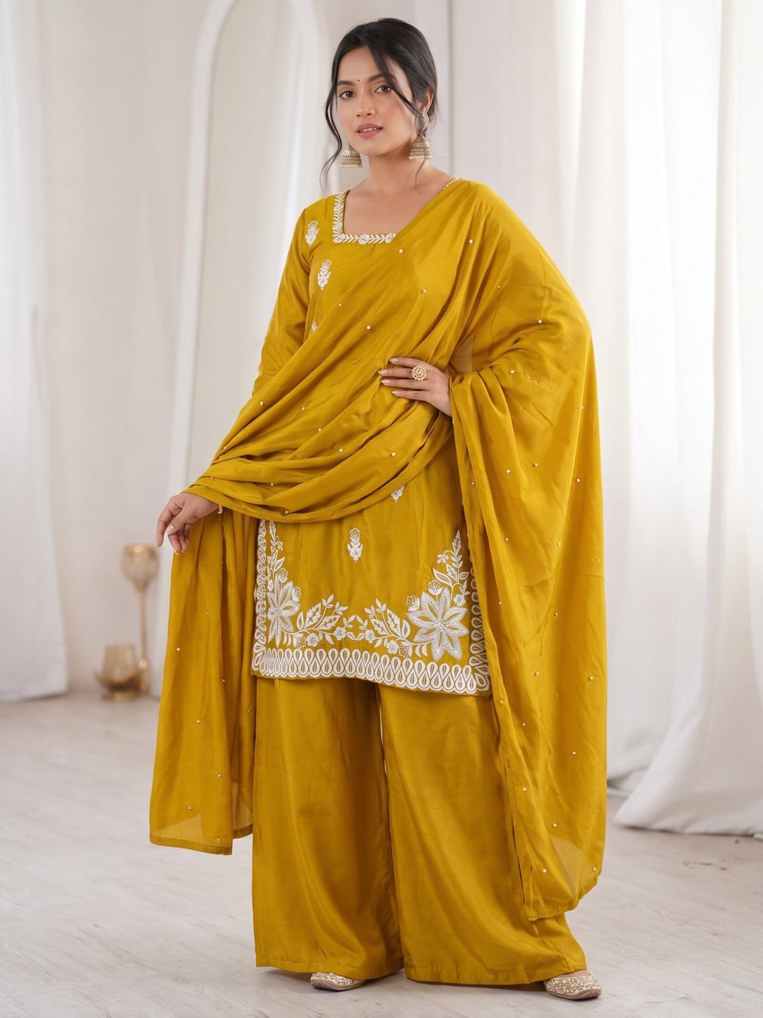 Mustard Embroidered Art Silk Kurta Palazzo with Dupatta